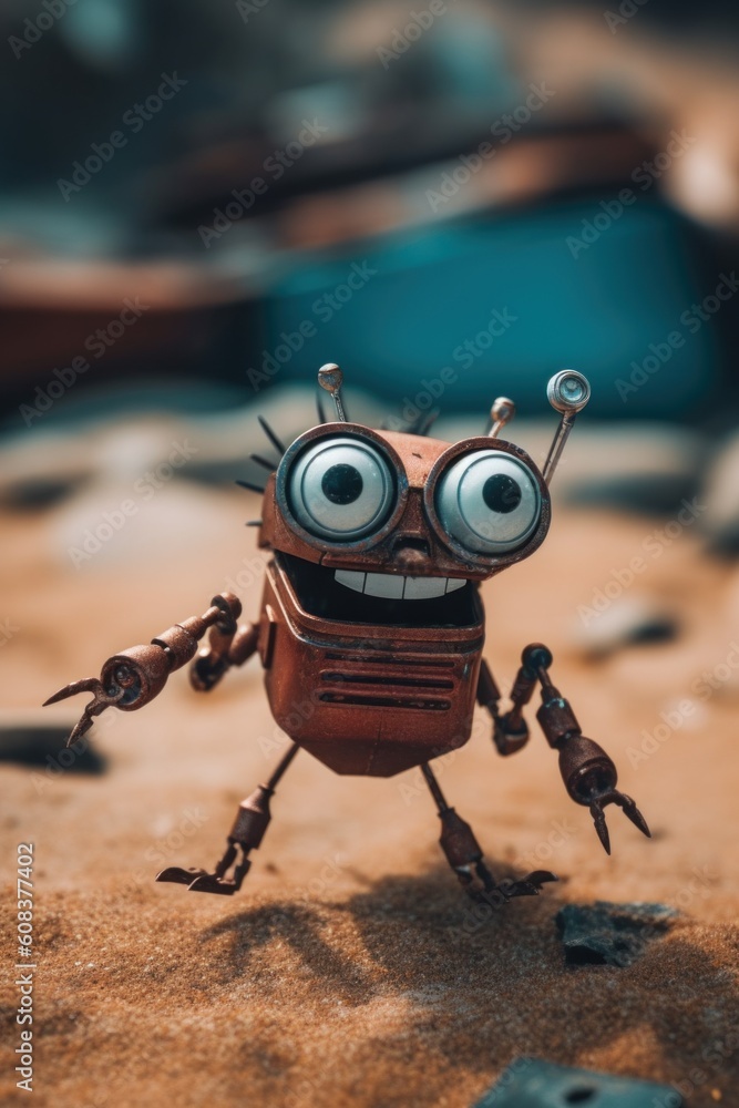 Poster a toy robot with big eyes on a sandy surface. generative ai image.