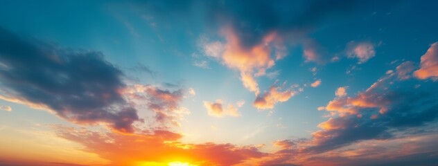 Sunset colorful clouds and blue sky background, Generative AI