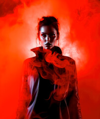 Pretty Female model in a red background with smoke, in the style of neo-punk rebellion

