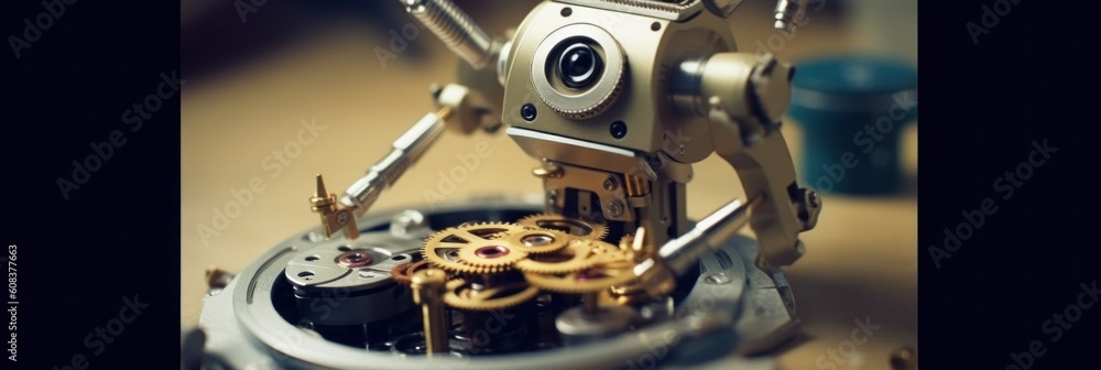 Poster a metal robot with a camera attached to it's back. generative ai image.
