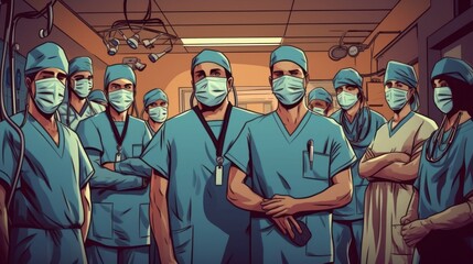 Group of cartoon doctors in a hospital room. Generative AI