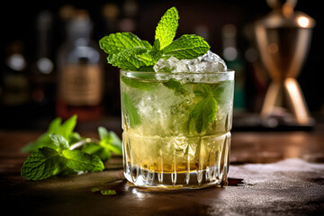 Mint julep cocktail up-close with ice  - obrazy, fototapety, plakaty
