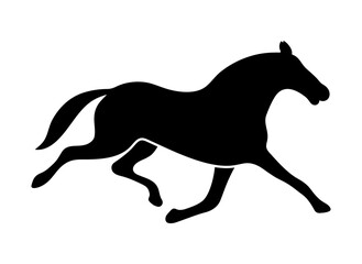 Black and white silhouette of a trotting horse