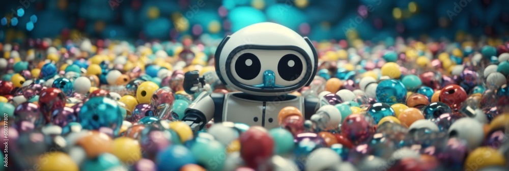 Poster a toy astronaut in a field of colorful balls. generative ai image.