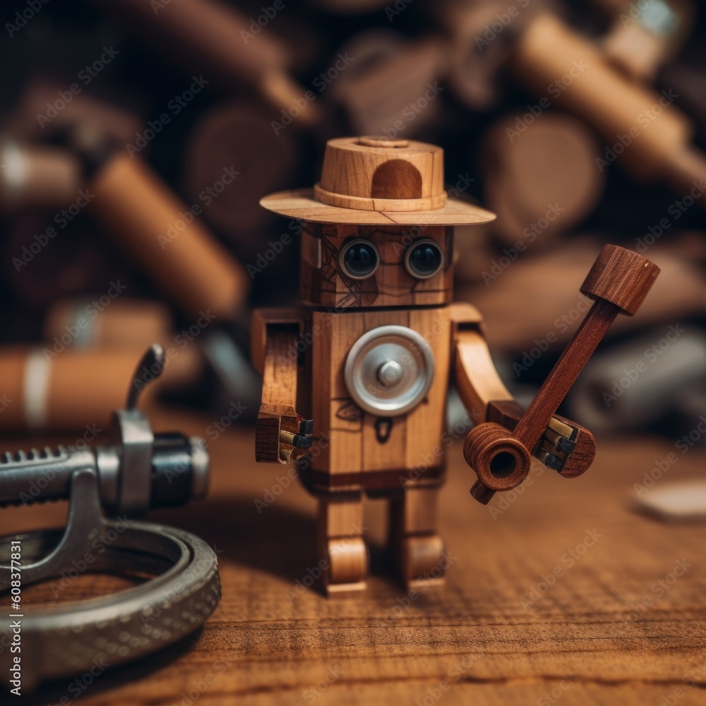 Poster a wooden robot with a hat and a pipe. generative ai image.
