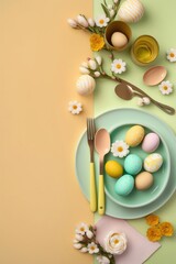 Easter atmosphere concept. Top view vertical photo of crockery with lot of colorful easter eggs knife fork and easter bouquet on isolated pastel beige, Generative AI