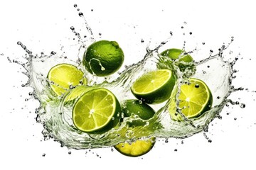 stock photo of water splash with sliced limes isolated Food Photography - obrazy, fototapety, plakaty