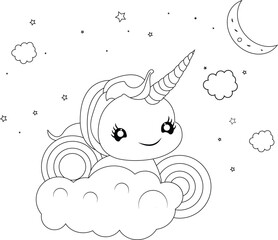 Cute Baby Unicorn On Cloud Coloring Pages Vector Illustration For Kids