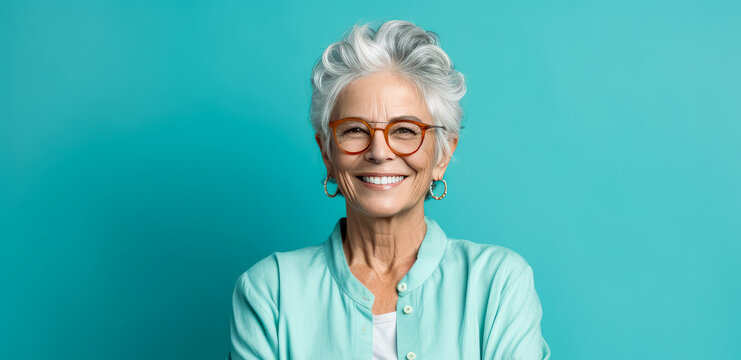 Senior woman standing with folded arms on blue background wearing glasses, turquoise and dark beige. Generative Ai Illustration.