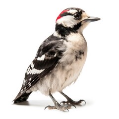 Fototapeta premium Downy Woodpecker bird isolated on white background. Generative AI