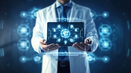 Doctor holding an icon of health and electronic medical. Generative AI