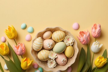 Easter celebration concept. Top view photo of colorful easter eggs in bowl ceramic bunnies yellow and pink tulips on isolated pastel beige background with, Generative AI