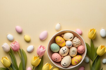 Fototapeta na wymiar Easter celebration concept. Top view photo of colorful easter eggs in bowl ceramic bunnies yellow and pink tulips on isolated pastel beige background with, Generative AI