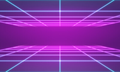 Synthwave wireframe net illustration. Abstract digital background. 80s, 90s Retro futurism, Retro wave cyber grid. Deep space surfaces. Neon lights glowing. Starry background. Vector 3D Rendering	
