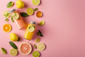 Make a splash with your summer marketing with this trendy top view flat lay of freshly squeezed citrus juices featuring lemons, limes, set against a stylish pink background with blank, Generative AI