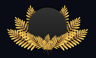 Abstract scene background. Cylinder podium with golden leaves on black background. Product presentation, mock up, show cosmetic product, Podium, stage pedestal or platform. Vector illustration