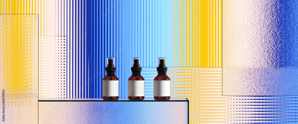Poster minimal style mockup for product presentation. cosmetic podium with ribbed glass on blue and yellow 