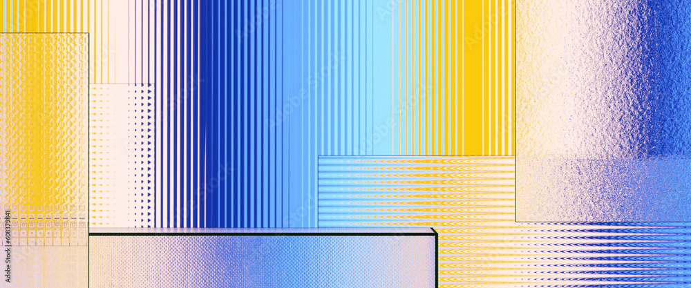 Poster minimal style mockup for product presentation. ribbed glass podium on blue and yellow background. 3d