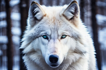 Obraz premium Digital photo of The Huge white wolf in winter coniferous forest on the snowy branches of a fir tree. Wildlife imagery, the concept of ecological environment. Generative AI