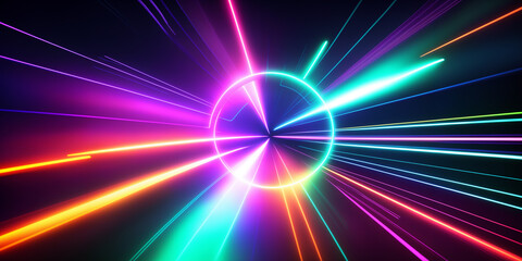 Obraz premium An exhilarating abstract backdrop composed of neon-colored lines surging through the image with tremendous speed, accentuated by radiant light streaks. Synthwave, Generative AI