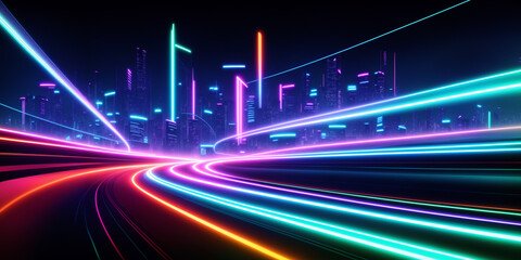 Fototapeta na wymiar Neon cityscape capturing the fast-moving urban life with traffic at night, vibrant light streaks, and dynamic energy. synthwave theme, Generative AI
