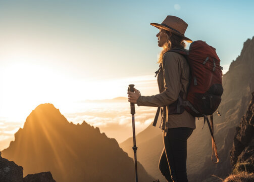 Silhouette of a woman with trekking poles looking on a mountain at sunset. Adventure, Madeira Portugal Hiking and awe-inspiring landscapes concept. AI Generative