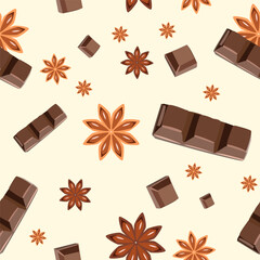 Chocolate slices and star anise, a seamless pattern for textiles, wallpaper, kitchen decor. Cooking, spices, sweets in vector style.