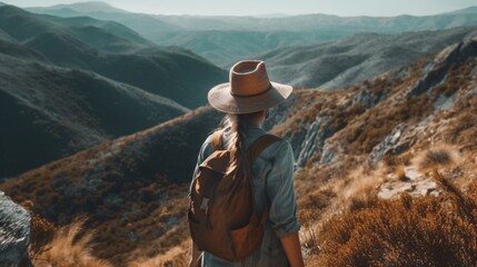 Fototapeta na wymiar Female woman hiker on a mountain landscape. Generative ai