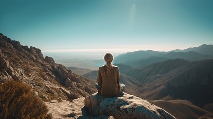 Woman practicing yoga and meditation on a mountain. Generative AI