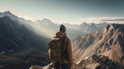 Fototapeta na wymiar Back view photograph of a hiker on top of a mountain. Generative ai