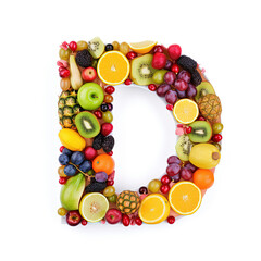 Fototapeta na wymiar Fruity Delights: A Colorful Letter D Crafted from Fresh Fruits and Exotic Flavors generative, ai