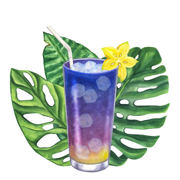 Cocktail glass purple blue fresh juice or alcoholic. Ice, straw, carambola. Tropical leaves Monstera. Hand drawn watercolor illustration isolated on white background. For bar restaurant menu