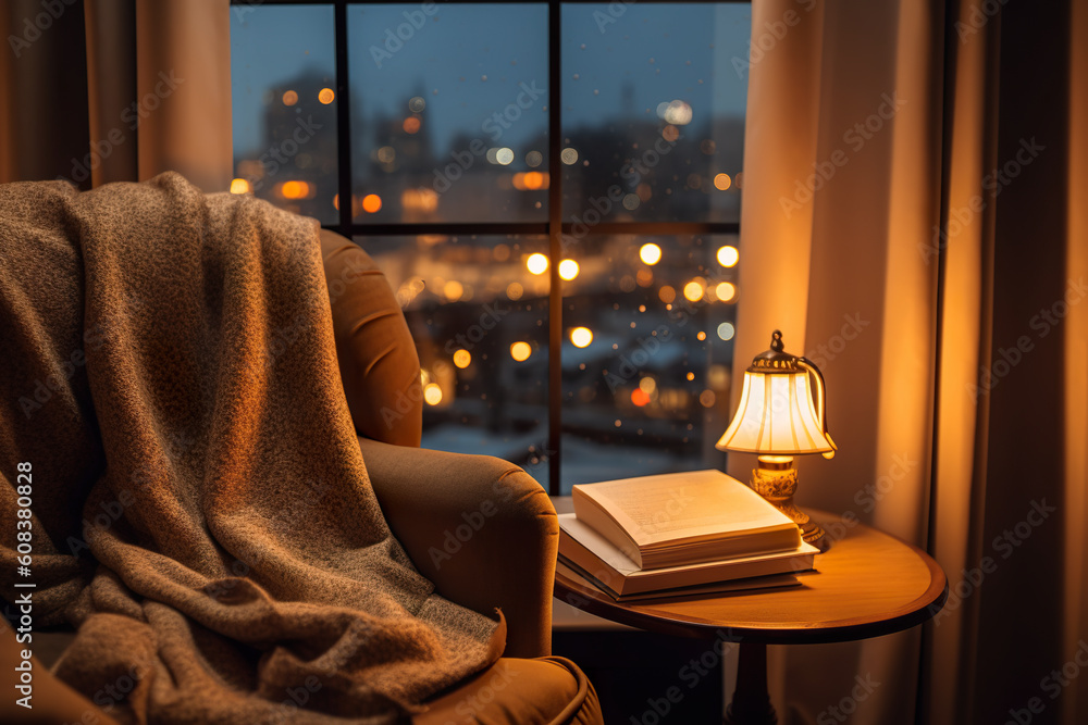 Poster a book and a lamp on a table in front of a window. generative ai. lamp illuminating reading nook by 