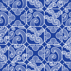 vector contemporary white wave lines in rounded square asian style seamless pattern on blue