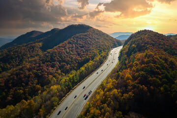 Aerial view of I-40 freeway in North Carolina leading to Asheville through Appalachian mountains in...