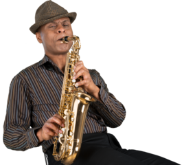 Saxophonist. Man playing on the gold saxophone