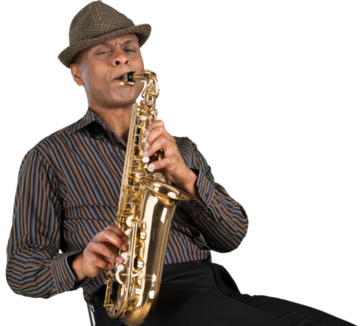 Saxophonist. Man playing on the gold saxophone