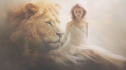 Woman with lion - 608381457