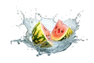 Poster stock photo of water splash with sliced melon isolated Food Photography © MeyKitchen