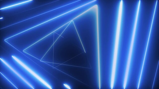Loopable animated futuristic abstract background of blue neon light triangles on dark background