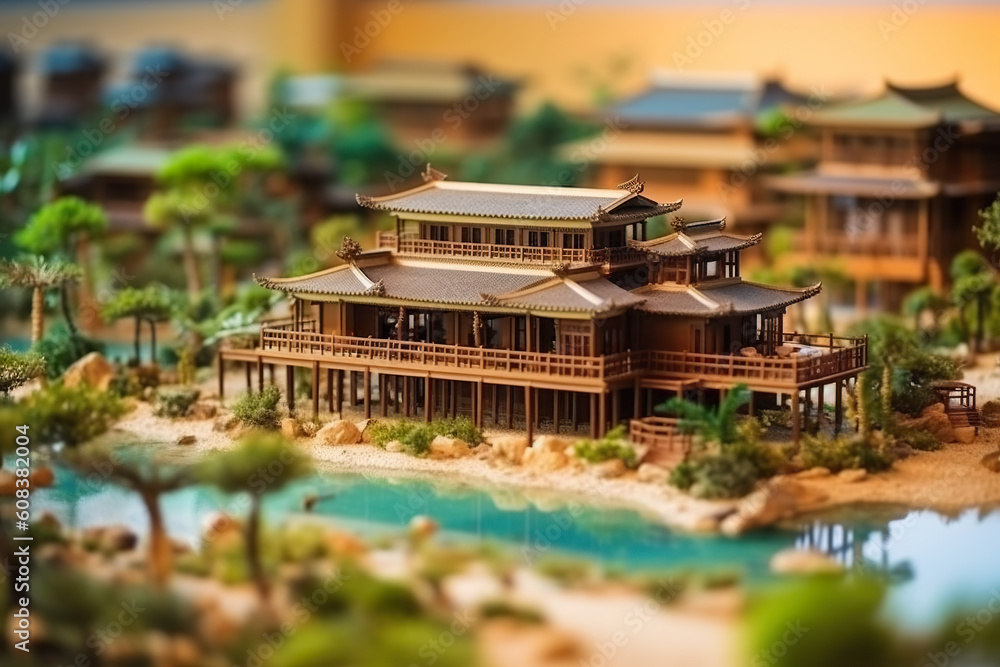 Poster a miniature model of a building on a beach. generative ai.
