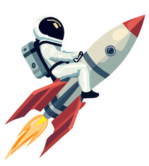 Astronaut riding a rocket isolated on white background. Cartoon illustration style. AI generated