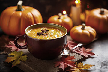 Pumpkin soup with cream in bowl on rustic wooden background. Ai generative