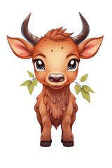 Cute baby Ox in Cartoon Style on white background - generative AI
