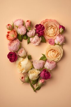 Love is in the air with Mother's Day or Valentine's Day concept! A top vertical view flat lay photo of a heart-shaped arrangement of roses on a pastel, Generative AI