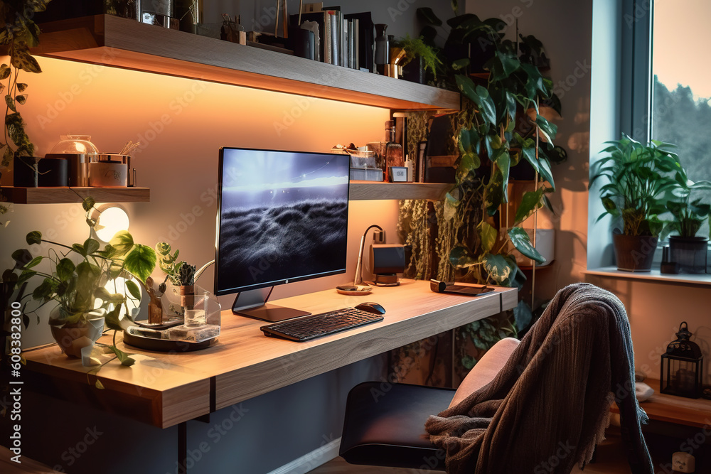 Poster a desk with a computer and a chair in front of a window. generative ai. small diy improvised home of