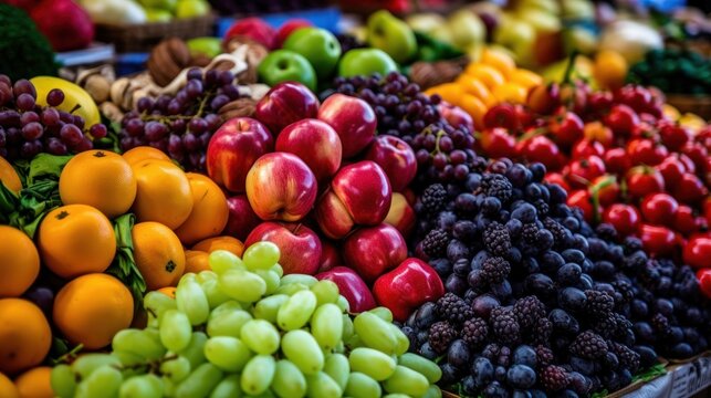 A close-up shot of fresh fruits and vegetables arranged in a vibrant display at a local farmers market. AI generated