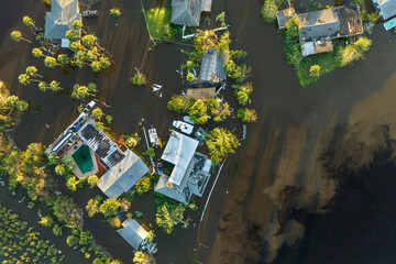 Aftermath of natural disaster. Surrounded by hurricane Ian rainfall flood waters homes in Florida...