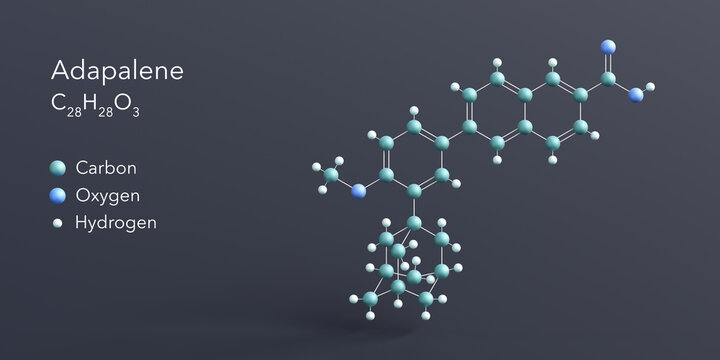 adapalene molecule 3d rendering, flat molecular structure with chemical formula and atoms color coding