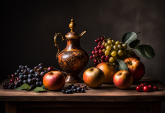 Still life with vegetables and fruits on a wooden background.